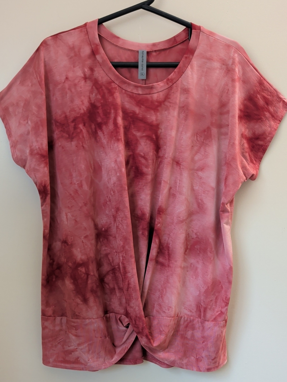 Honeyme Pink Tie-Front Twist Tee Size XL | Rose Pink Tie-Dye Short Sleeve Top